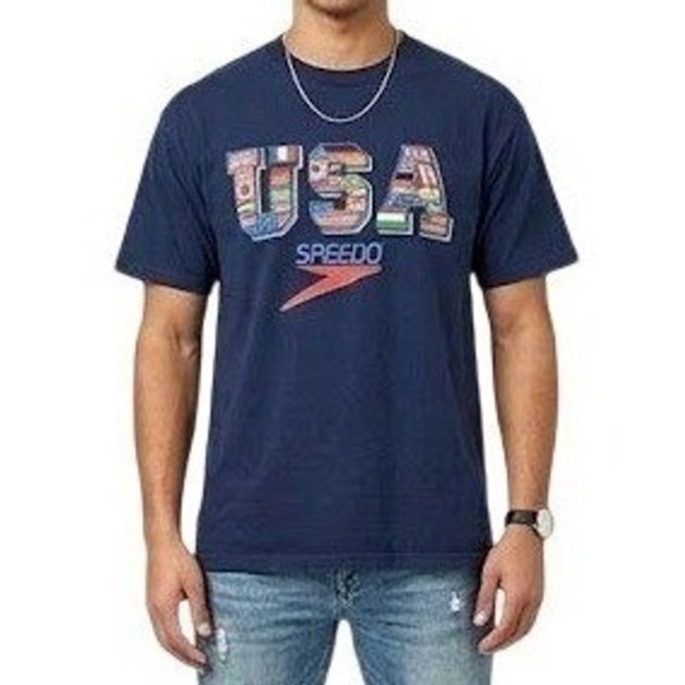 Vintage 90s Speedo USA Olympics Flag Collage T-Shirt L Navy Made in USA